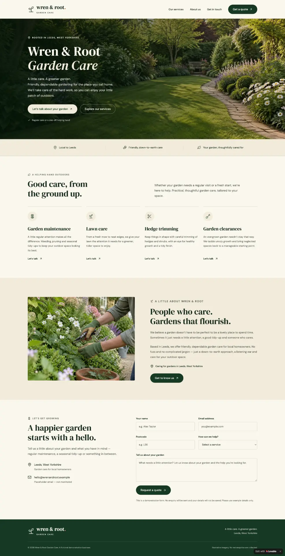 Full-page desktop screenshot of the Version A Wren & Root Garden Care homepage, built from a single basic prompt.