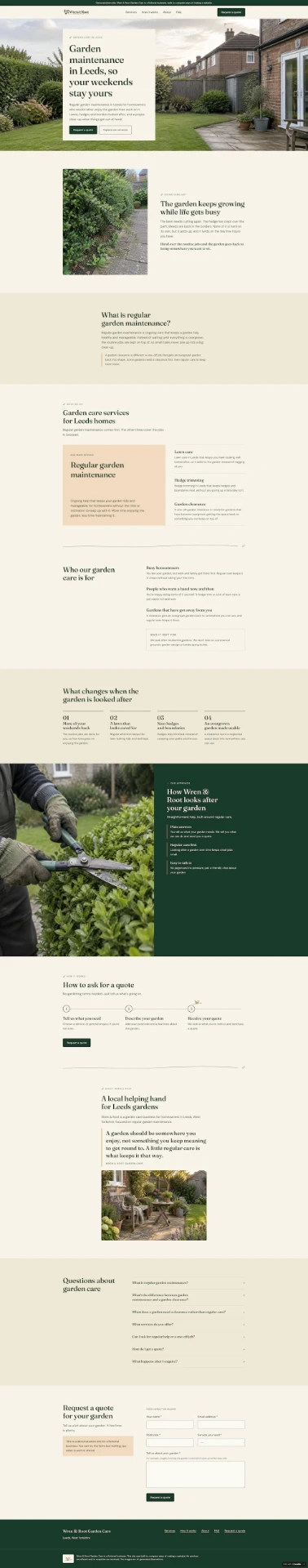 Full-page desktop screenshot of the Version B Wren & Root Garden Care homepage, built through the J-SN professional process.
